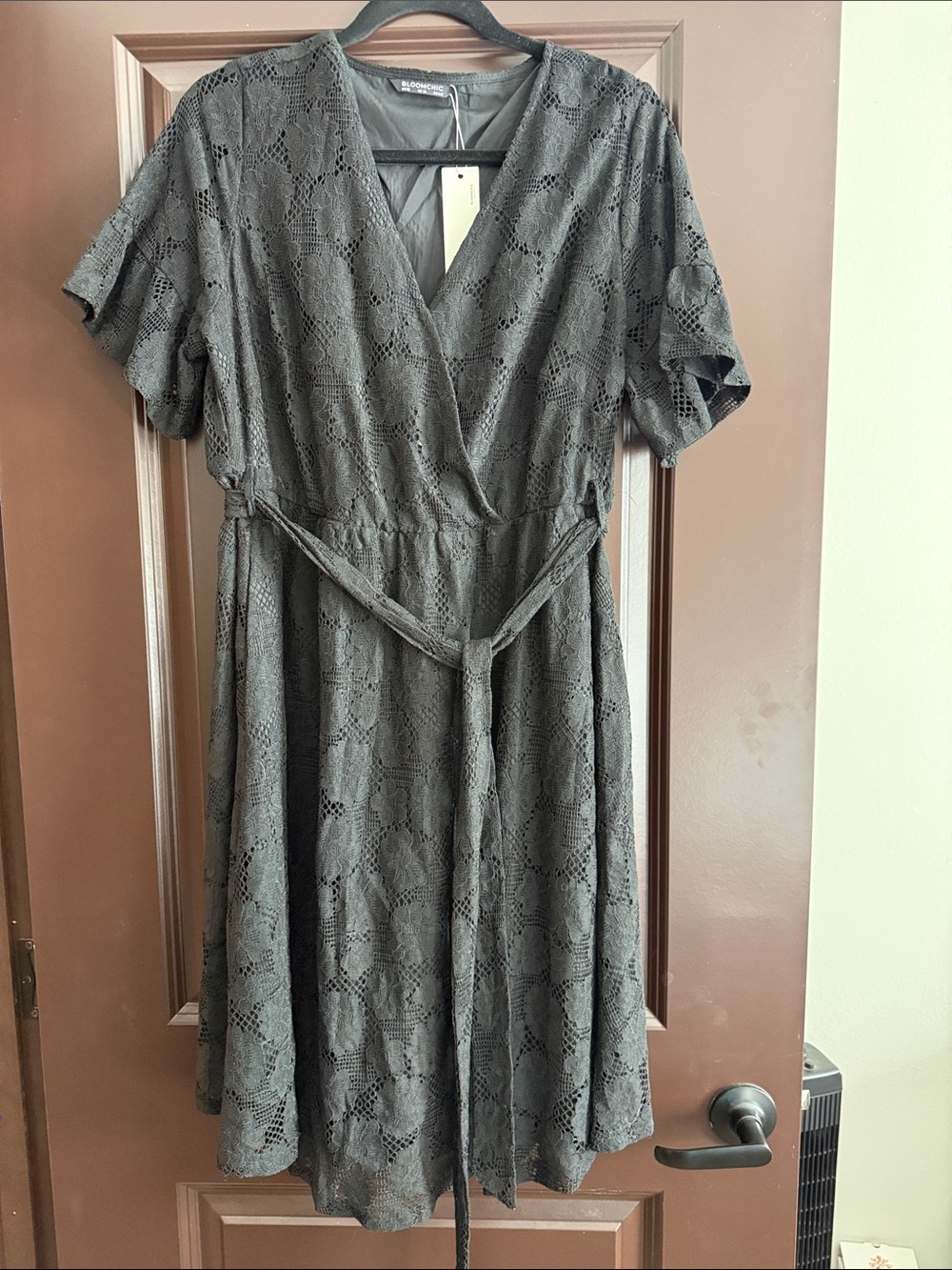 BloomChic Olive Green Lace Midi Wrap Dress